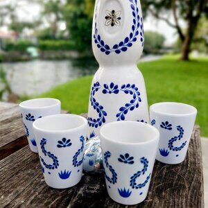 White and Blue Ceramic Shot Glass Set with Decorative Floral Motif